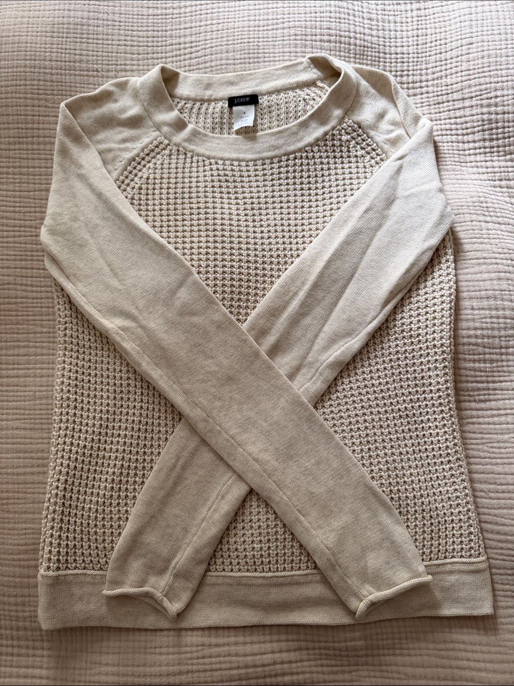 J. Crew Cream Waffle-Knit Cotton  Raglan Sweater Size Small